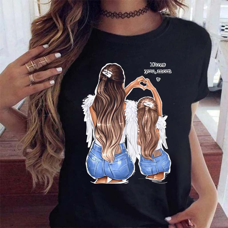 Cute Mom Girl Short Sleeve T-Shirt Ladies