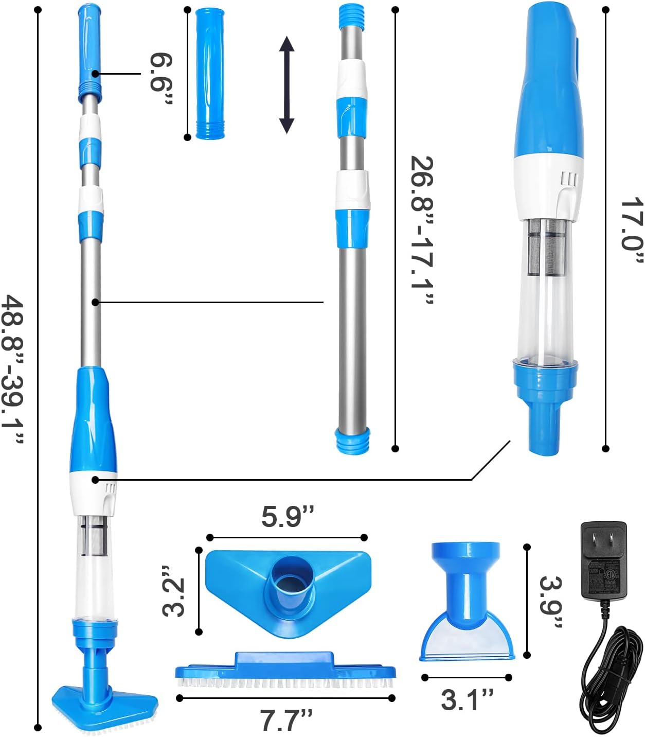 3 in 1 Cordless Rechargeable Pool Vacuum, over 100 Mins Running Time, Handheld Pool Cleaner Ideal for Spas, Hot Tubs and Small Pools for Sand and Debris Blue