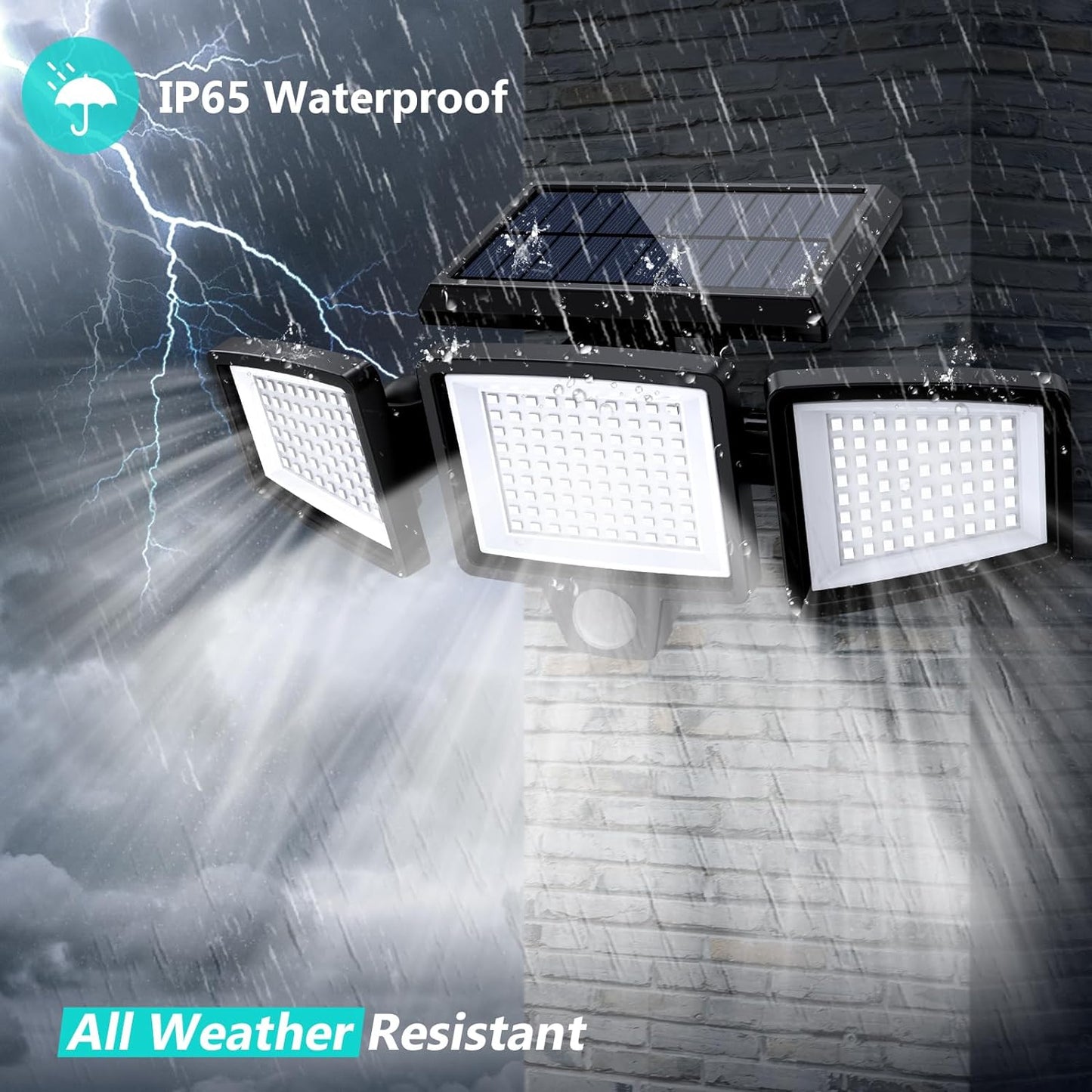 Solar Outdoor Lights 2500LM 210 LED Security Lights with Remote Control,3 Heads Motion Sensor Lights, IP65 Waterproof,270° Wide Angle Flood Wall Lights with 3 Modes(2 Packs)