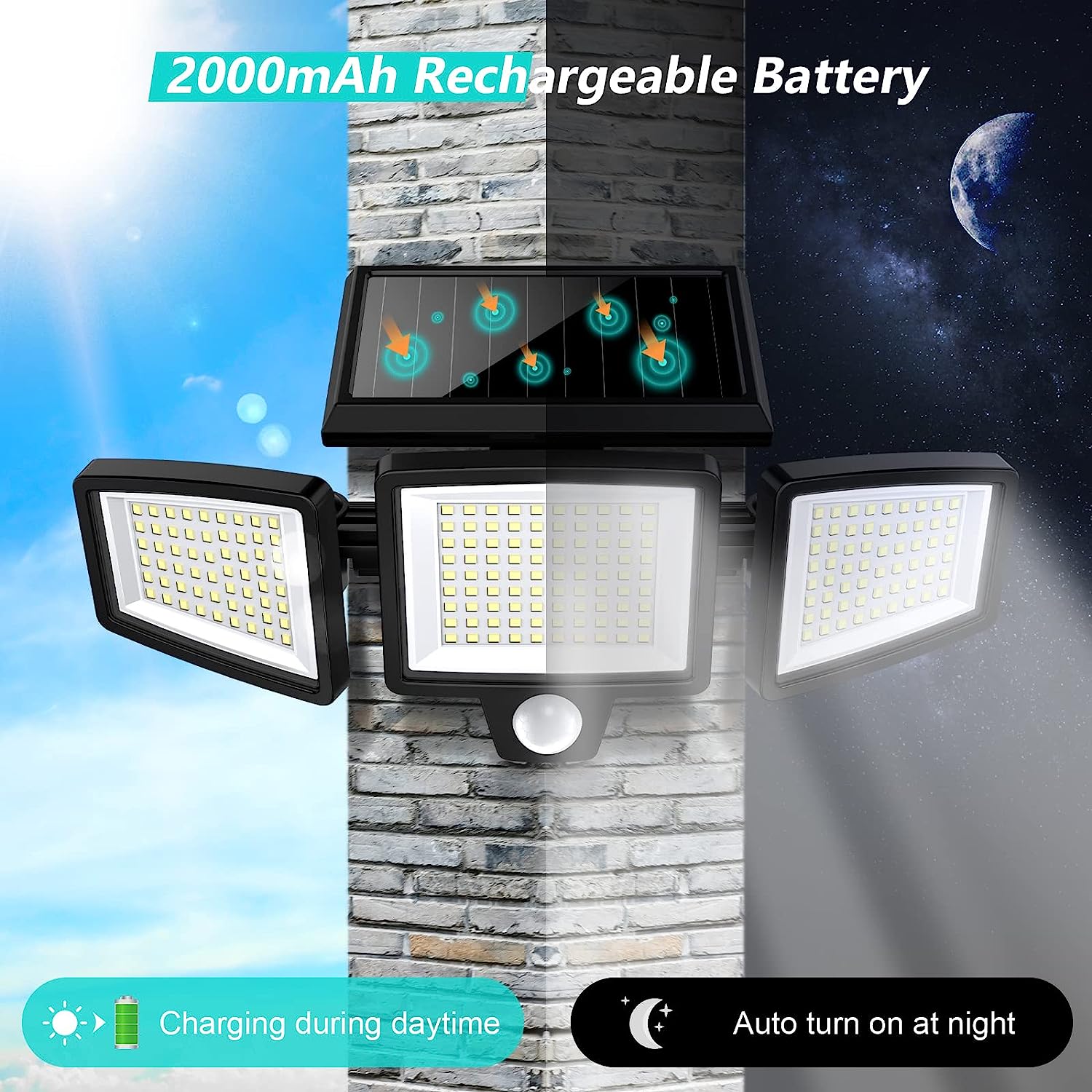 Solar Outdoor Lights 2500LM 210 LED Security Lights with Remote Control,3 Heads Motion Sensor Lights, IP65 Waterproof,270° Wide Angle Flood Wall Lights with 3 Modes(2 Packs)