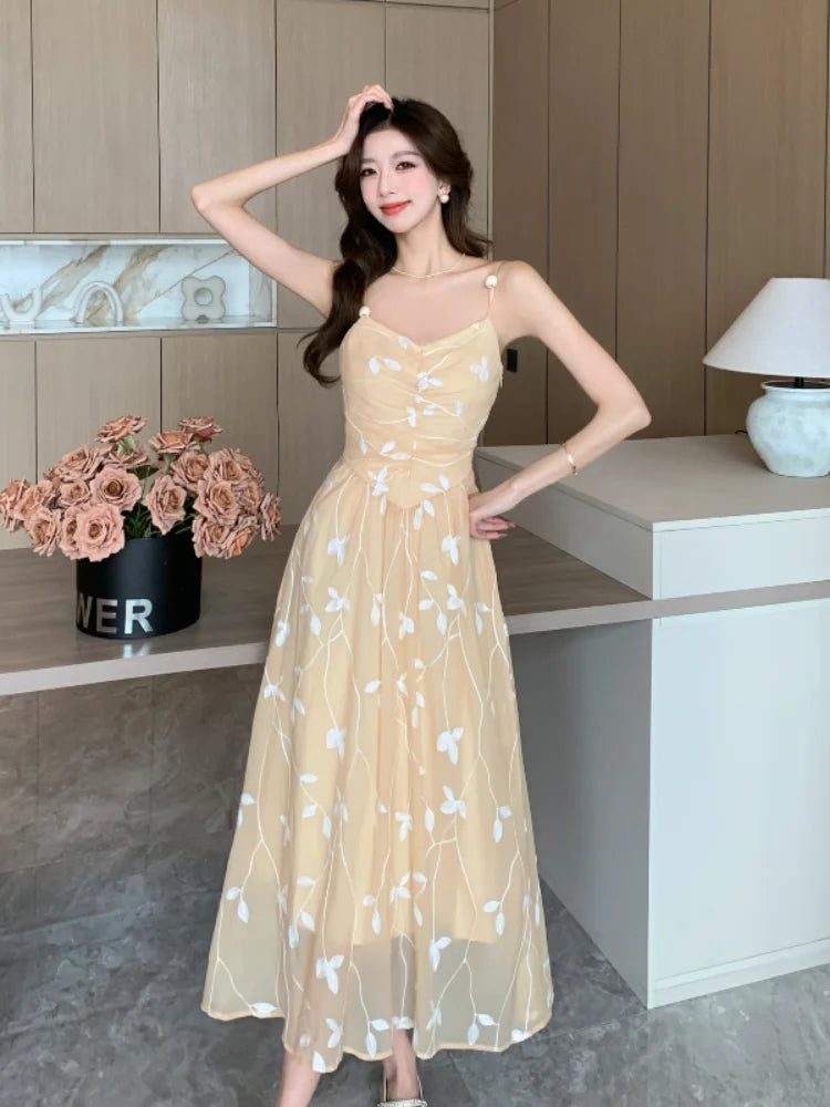 2024 Summer Ladies Elegant Prinrt Halter Mid-length Dress Backless Sleeveless Off Shoulder Dresses Female Party Club Vestidos