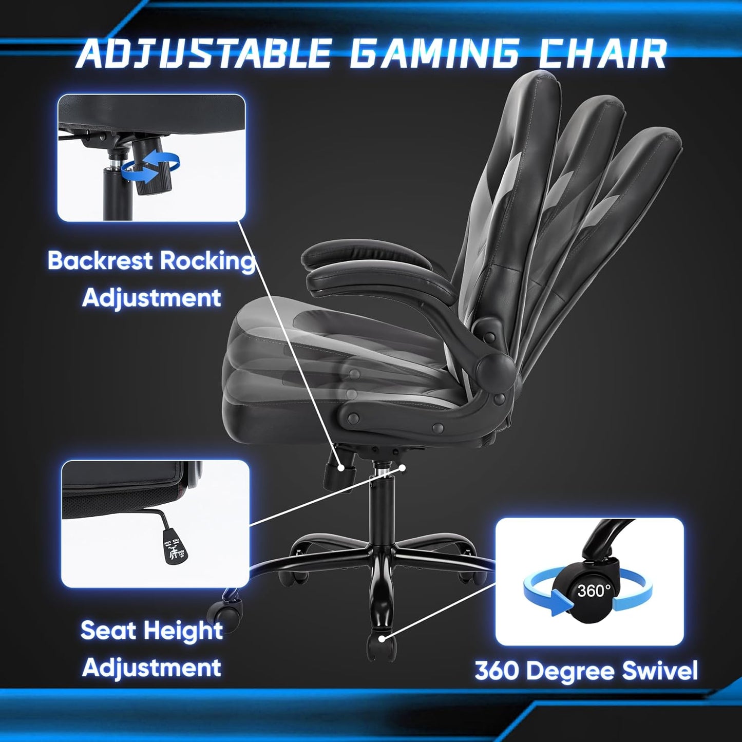 Big and Tall Office Desk Leather Gaming Computer Chair with Adjustable Swivel Task and Flip-Up Arms for Adults,Teens - Grey