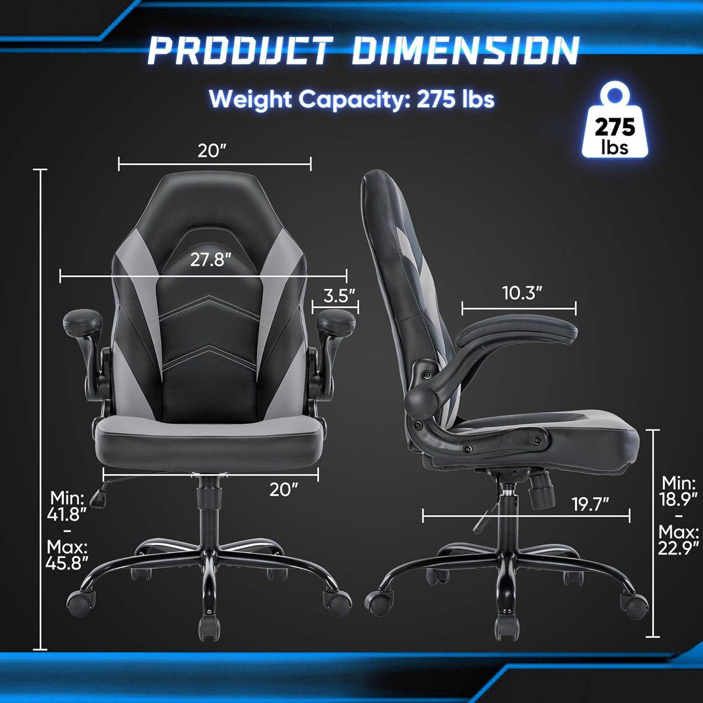 Big and Tall Office Desk Leather Gaming Computer Chair with Adjustable Swivel Task and Flip-Up Arms for Adults,Teens - Grey