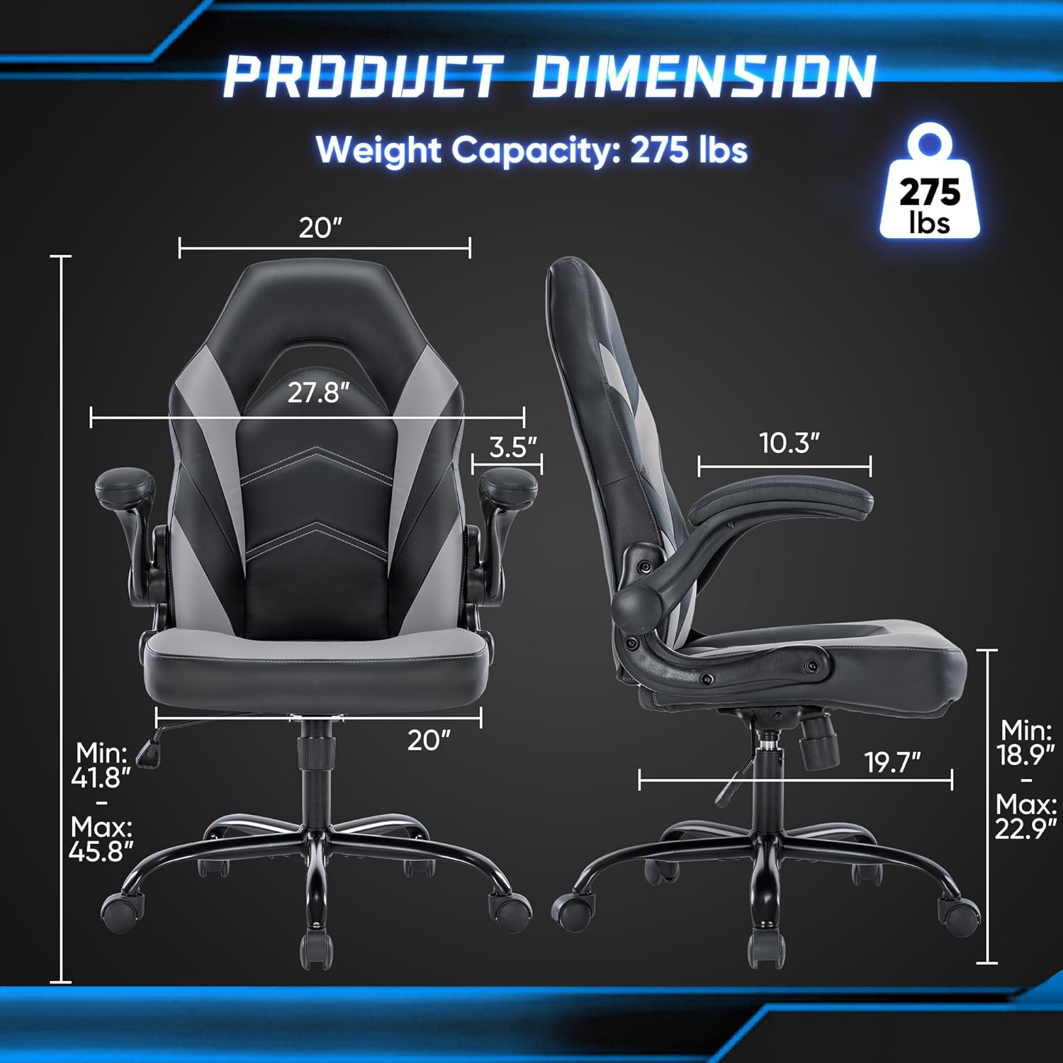 Big and Tall Office Desk Leather Gaming Computer Chair with Adjustable Swivel Task and Flip-Up Arms for Adults,Teens - Grey