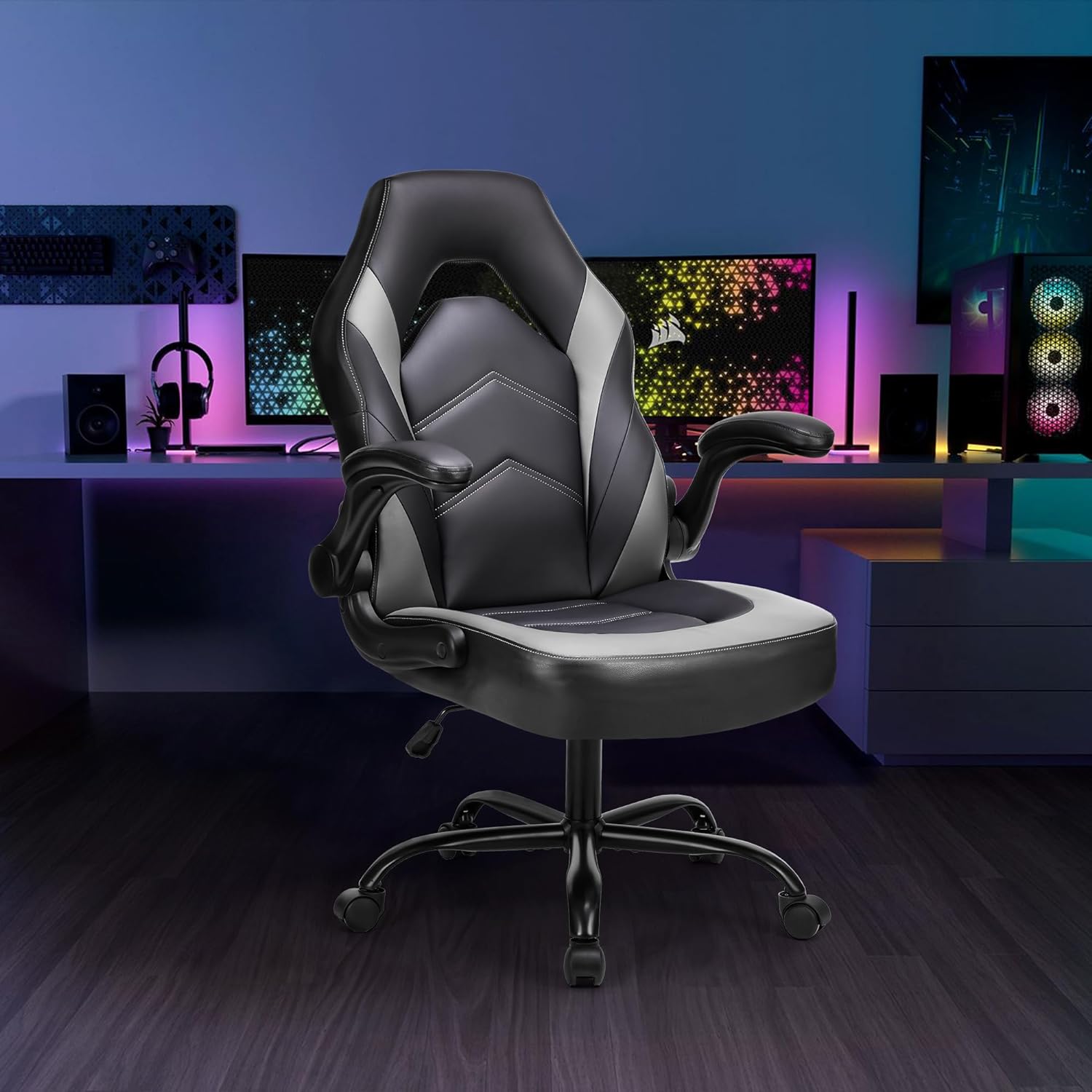 Big and Tall Office Desk Leather Gaming Computer Chair with Adjustable Swivel Task and Flip-Up Arms for Adults,Teens - Grey