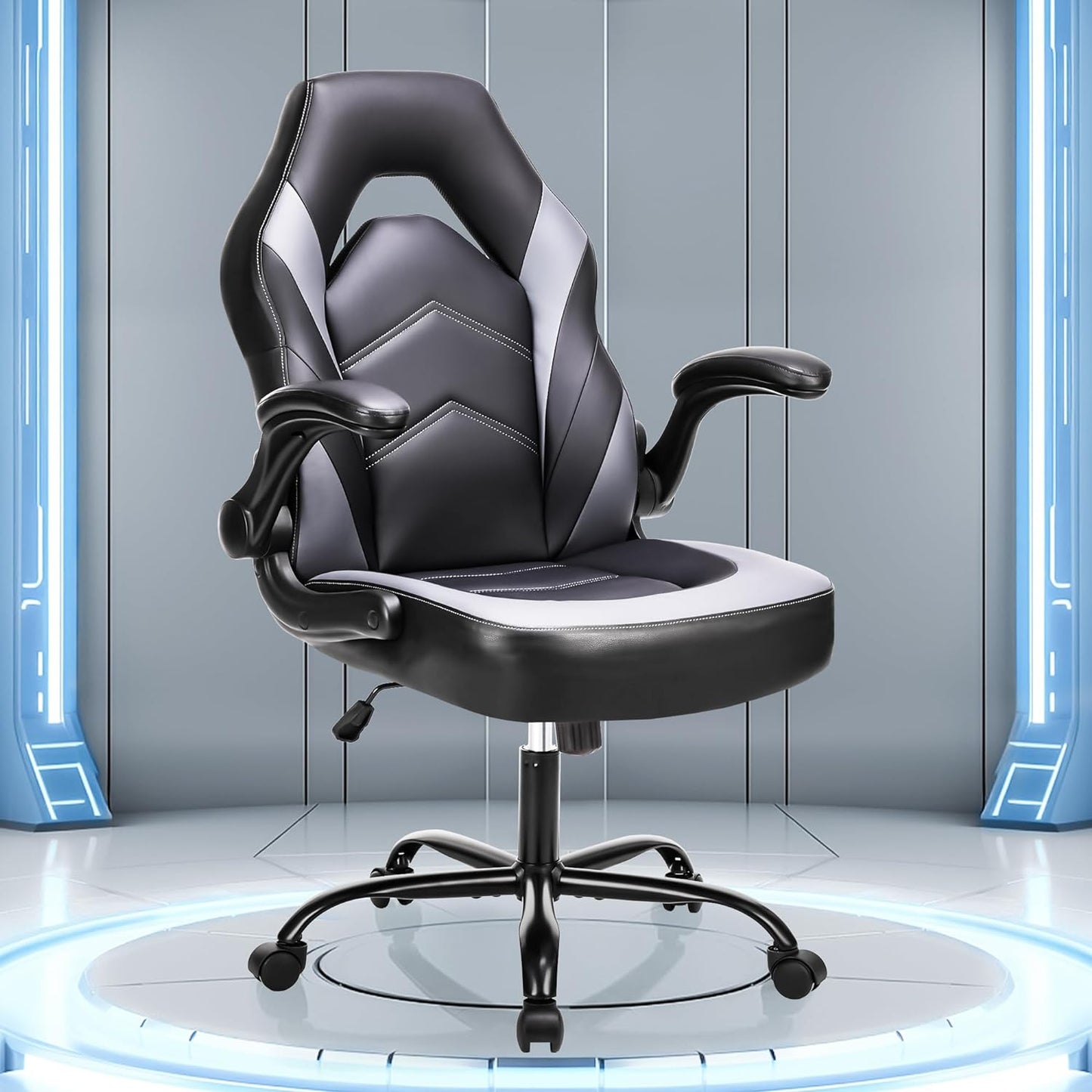 Big and Tall Office Desk Leather Gaming Computer Chair with Adjustable Swivel Task and Flip-Up Arms for Adults,Teens - Grey